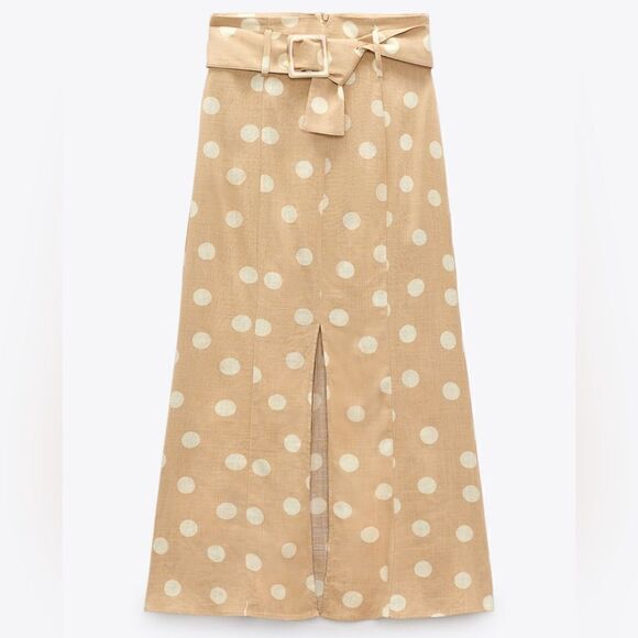 Zara Polka Dot Skirt with Belt Small New Beige Linen Blend Measurements - Picture 6 of 6
